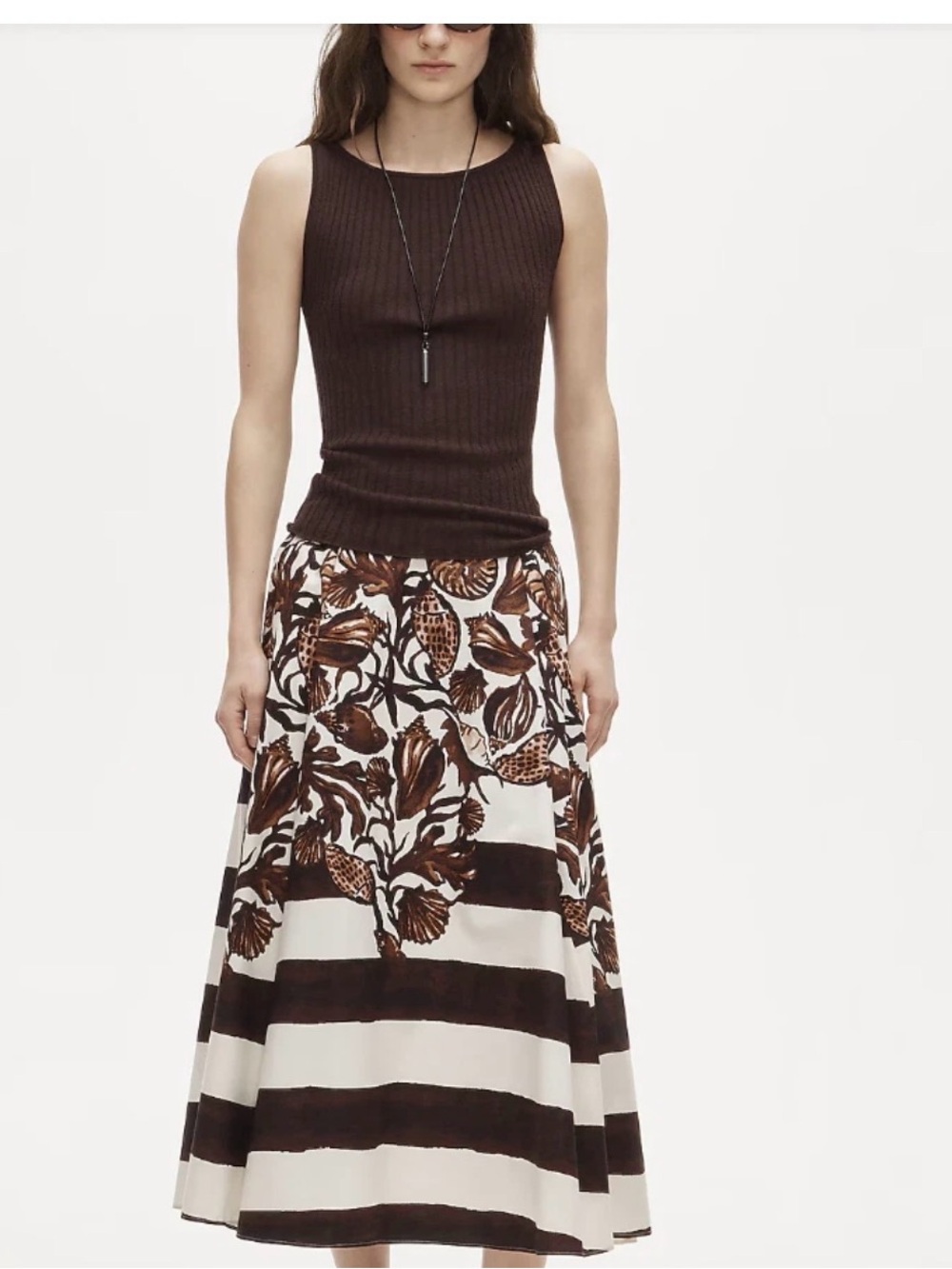 J. Crew Brown and Cream Floral-Stripe A-Line Skirt